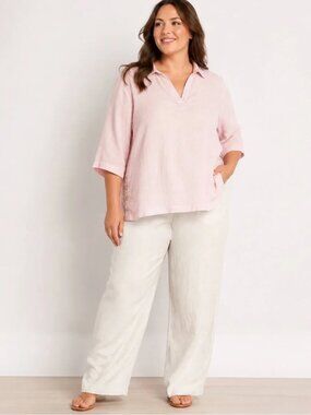 Sigrid Olsen Linen Split-Neck Tunic 2X Pale Pink Abalone Buttons 3/4 Sleeve NWT